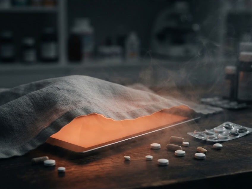 A tablet glowing under a grey cloth on a pharmacy counter, among tablets and capsules